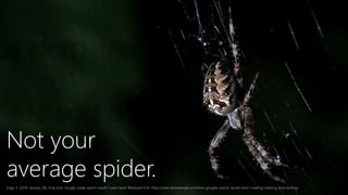 Not your
average spider.
Enge, E. (2019, January 28). How does Google create search results? Learn here! Retrieved from https://www.stonetemple.com/how-googles-search-results-work-crawling-indexing-and-ranking/
 