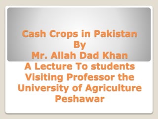 Cash Crops in Pakistan
By
Mr. Allah Dad Khan
A Lecture To students
Visiting Professor the
University of Agriculture
Peshawar
 