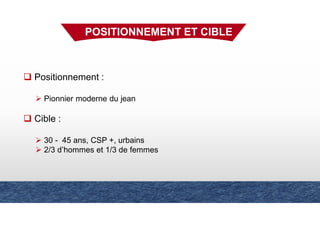 POSITIONNEMENT ET CIBLE
Positionnement :
Pionnier moderne du jean
Cible :
30 - 45 ans, CSP +, urbains
2/3 d’hommes et 1/3 de femmes
 