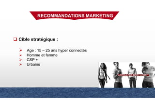 RECOMMANDATIONS MARKETING
Cible stratégique :
Age : 15 – 25 ans hyper connectés
Homme et femme
CSP +
Urbains
 