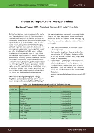 CASHEW HANDBOOK 2014 - GLOBAL PERSPECTIVE, SECTION 2 
Chapter 16: Inspection and Testing of Cashew 
CHAPTER 16 
Ravi Anand Thakur, BDM – Agricultural Services, SGS India Pvt Ltd, India 
Cashew, having annual import and export value soaring 
more than USD 4 billion, is one of the important agri-cultural 
produce. Being one of the main high value agri 
commodities, a small change in quality or quantity leaves 
significant impact on total commercial value. In such a 
crucial market, testing and inspection of cashew plays 
a critically important role in protecting the interest of 
cashew growers, processors, traders, exporters, buyers 
and other stake holders involved in cashew nut busi-ness 
by ensuring the quality of cargo by Visual inspec-tion, 
Sampling and testing services, quantity and weight 
determination, packaging and label verification, checking 
transport for its cleanliness, cargo loading followed by 
sealing of transport, Fumigation, pest management and 
real time reporting with situation updates and monitor-ing 
the cargo. It is important to keep traceability of cargo 
at each point of supply chain including- production and 
processing plant, warehouse, container stuffing, truck/ 
rail/ vessel/ ship hold loading and discharge point. 
1.Raw Cashew Nut Inspections (Import survey)- 
Weight and quality inspection services for raw cashew 
import consignments are usually followed. Majority of 
the raw cashew imports are through 20‘containers in 80 
kilogram jute bags. The quality of the raw nuts is deter-mined 
with respect to out-turn in pounds per 80 kgs bag. 
Price of the raw nuts is based on the out turn of the nuts 
in the trade. 
• 100% container weighment is carried out in nomi-nated 
weighbridges 
• Representative samples are drawn at random from 
approximately 10 % of the bags during de-stuffing 
of the cargo from the containers at the buyer’s ware 
houses by our Inspectors 
• Approximately 2 kg sample per containers is drawn. 
B/L wise samples drawn from the containers are 
mixed thoroughly and cutting test is carried out on 
this sample. Cutting test is done on two samples of 
one kg each and the average result is considered for 
the out turn 
• Moisture is analyzed at laboratory for one sample B/L 
wise 
Table 16.1: Parameters are usually checked during cutting test 
Parameters Protocol Results 
Cutting Test Physical Test 
1. Void ,, Expressed in % 
2. Rotten ,, Expressed in % 
3. Diseased ,, Expressed in % 
4. Partly Damaged ,, Expressed in % 
5. Spotted ,, Expressed in % 
6. Immature ,, Expressed in % 
7. Total Defectives ,, Expressed in % 
8. Yield (Unsound) ,, Expressed in GMS 
9. Yield (Sound) ,, Expressed in GMS 
10. Total Yield ,, Expressed in GMS 
11. Out turn ,, Expressed in Pounds /80 kgs 
Net Bags 
12. Nut Count ,, Nos / KG 
106 www.cashewinfo.com 
 