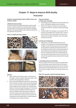 CASHEW HANDBOOK 2014 - GLOBAL PERSPECTIVE, SECTION 2 
Chapter 17: Steps to Improve RCN Quality 
Vinacontrol 
Problems arising during the import of RCN, reasons and 
proposes solution 
1.Mold and musty cashews 
Here the cashew nuts coated with white or green mold/ 
musty. It is easy to realize the mold and musty cashews 
to realize them on the top-layer and under the container 
ceiling, at two side-partitions of the container and behind 
the container exit and front. 
Plate 17.1: Mold and musty cashews 
Reasons: 
• High moisture of the whole cargo or some parts of 
the cargo (> 10%), the goods have been stored in the 
container during long days (≥ 40 days) 
• Due to natural-breathing of cashew nuts, the temper-ature 
inside the container will be increased gradually 
and as a result, the water vapors will be evaporated 
from the high-moisture cashew nuts, along with the 
difference of day-and-night temperature. It will make 
the water vapors condensed and fallen down the 
above-said positions (the top-layer and under the 
container ceiling, at two side-partitions of the con-tainer 
and behind the container exit and front). This 
temperature and humidity will be an ideal condition 
for development of molds and yeasts. 
CHAPTER 17 
Proposed solutions: 
A. At the ports of loading: 
• Well drying the commodities for the favourable mois-ture 
(< 10%) before loading into the container. 
• Besides, the exporter should insert carton papers 
around and inside the container with desiccant bags 
in full. 
• It will be better if the shippers use containers 40” to 
load the commodities (Each container 40” is permit-ted 
to load 26.5 tons only so that it will have more 
upper space for better ventilation and minimization 
of molds and yeasts). 
B. At the port of discharge: 
• After found, re-drying all mold and musty com-modities 
at the soonest time after being discharged. 
However, it will still bring many losses to the import-ers 
like (a)Actual quantity will be decreased from 2 
to 4% based on actual moisture (b) Actual quality of 
spoil-cashews after being processed will be poorer 
than the standard ones (the rate of blemished/ yel-low 
and scorch cashew kernels will be increased the 
value of the exported cashew kernels will be reduced 
accordingly). 
2. Sprouting cashews rot and decay 
The raw cashew nuts which are sprouted and deformed 
with rot and decay, causes serious losses to the buyers. 
Quality of the processed cashew kernels will be seriously 
reduced (rate of blemished/ yellow and scorch nuts will 
be increased, changes of smell, non-natural smell to sour 
taste). 
Plate 17.2: sprouted, rotted and decayed cashews 
108 www.cashewinfo.com 
 