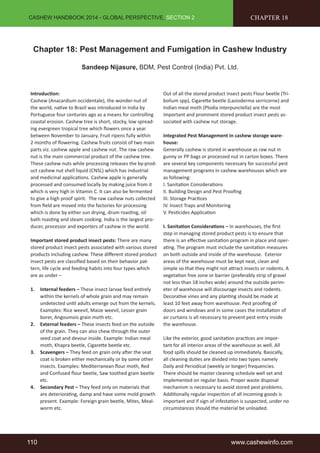 CASHEW HANDBOOK 2014 - GLOBAL PERSPECTIVE, SECTION 2 
CHAPTER 18 
Chapter 18: Pest Management and Fumigation in Cashew Industry 
Sandeep Nijasure, BDM, Pest Control (India) Pvt. Ltd. 
Introduction: 
Cashew (Anacardium occidentale), the wonder-nut of 
the world, native to Brazil was introduced in India by 
Portuguese four centuries ago as a means for controlling 
coastal erosion. Cashew tree is short, stocky, low spread-ing 
evergreen tropical tree which flowers once a year 
between November to January. Fruit ripens fully within 
2 months of flowering. Cashew fruits consist of two main 
parts viz. cashew apple and cashew nut. The raw cashew 
nut is the main commercial product of the cashew tree. 
These cashew nuts while processing releases the by-prod-uct 
cashew nut shell liquid (CNSL) which has industrial 
and medicinal applications. Cashew apple is generally 
processed and consumed locally by making juice from it 
which is very high in Vitamin C. It can also be fermented 
to give a high proof spirit. The raw cashew nuts collected 
from field are moved into the factories for processing 
which is done by either sun drying, drum roasting, oil 
bath roasting and steam cooking. India is the largest pro-ducer, 
processor and exporters of cashew in the world. 
Important stored product insect pests: There are many 
stored product insect pests associated with various stored 
products including cashew. These different stored product 
insect pests are classified based on their behavior pat-tern, 
life cycle and feeding habits into four types which 
are as under – 
1. Internal feeders – These insect larvae feed entirely 
within the kernels of whole grain and may remain 
undetected until adults emerge out from the kernels. 
Examples: Rice weevil, Maize weevil, Lesser grain 
borer, Angoumois grain moth etc. 
2. External feeders – These insects feed on the outside 
of the grain. They can also chew through the outer 
seed coat and devour inside. Example: Indian meal 
moth, Khapra beetle, Cigarette beetle etc. 
3. Scavengers – They feed on grain only after the seat 
coat is broken either mechanically or by some other 
insects. Examples: Mediterranean flour moth, Red 
and Confused flour beetle, Saw toothed grain beetle 
etc. 
4. Secondary Pest – They feed only on materials that 
are deteriorating, damp and have some mold growth 
present. Example: Foreign grain beetle, Mites, Meal-worm 
etc. 
Out of all the stored product insect pests Flour beetle (Tri-bolium 
spp), Cigarette beetle (Lasioderma serricorne) and 
Indian meal moth (Plodia interpunctella) are the most 
important and prominent stored product insect pests as-sociated 
with cashew nut storage. 
Integrated Pest Management in cashew storage ware-house: 
Generally cashew is stored in warehouse as raw nut in 
gunny or PP bags or processed nut in carton boxes. There 
are several key components necessary for successful pest 
management programs in cashew warehouses which are 
as following: 
I. Sanitation Considerations 
II. Building Design and Pest Proofing 
III. Storage Practices 
IV. Insect Traps and Monitoring 
V. Pesticides Application 
I. Sanitation Considerations – In warehouses, the first 
step in managing stored product pests is to ensure that 
there is an effective sanitation program in place and oper-ating. 
The program must include the sanitation measures 
on both outside and inside of the warehouse. Exterior 
areas of the warehouse must be kept neat, clean and 
simple so that they might not attract insects or rodents. A 
vegetation free zone or barrier (preferably strip of gravel 
not less than 18 inches wide) around the outside perim-eter 
of warehouse will discourage insects and rodents. 
Decorative vines and any planting should be made at 
least 10 feet away from warehouse. Pest proofing of 
doors and windows and in some cases the installation of 
air curtains is all necessary to prevent pest entry inside 
the warehouse. 
Like the exterior, good sanitation practices are impor-tant 
for all interior areas of the warehouse as well. All 
food spills should be cleaned up immediately. Basically, 
all cleaning duties are divided into two types namely 
Daily and Periodical (weekly or longer) frequencies. 
There should be master cleaning schedule well set and 
implemented on regular basis. Proper waste disposal 
mechanism is necessary to avoid stored pest problems. 
Additionally regular inspection of all incoming goods is 
important and if sign of infestation is suspected, under no 
circumstances should the material be unloaded. 
110 www.cashewinfo.com 
 
