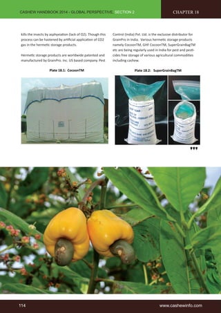 CASHEW HANDBOOK 2014 - GLOBAL PERSPECTIVE, SECTION 2 
kills the insects by asphyxiati on (lack of O2). Though this 
process can be hastened by arti fi cial applicati on of CO2 
gas in the hermeti c storage products. 
Hermeti c storage products are worldwide patented and 
manufactured by GrainPro. Inc. US based company. Pest 
CHAPTER 18 
Control (India) Pvt. Ltd. is the exclusive distributor for 
GrainPro in India. Various hermeti c storage products 
namely CocoonTM, GHF CocoonTM, SuperGrainBagTM 
etc are being regularly used in India for pest and pesti - 
cides free storage of various agricultural commoditi es 
including cashew. 
Plate 18.1: CocoonTM Plate 18.2: SuperGrainBagTM 
114 www.cashewinfo.com 
 