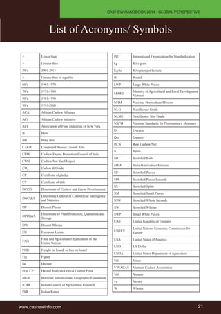 CASHEW HANDBOOK 2014 - GLOBAL PERSPECTIVE 
List of Acronyms/ Symbols 
< Lower than 
> Greater than 
20’s 2001-2013 
> Greater than or equal to 
60’s 1961-1970 
70’s 1971-1980 
80’s 1981-1990 
90’s 1991-2000 
ACA African Cashew Alliance 
ACi African Cashew initiative 
AFI Association of Food Industries of New York 
B Butts 
BB Baby Bits 
CAGR Compound Annual Growth Rate 
CEPC Cashew Export Promotion Council of India 
CNSL Cashew Nut Shell Liquid 
CO2 Carbon di Oxide 
CP Certificate of pledge 
CT Certificate of title 
DCCD Directorate of Cashew and Cocoa Development 
DGCI&S Directorate General of Commercial Intelligence 
and Statistics 
DP Dessert Pieces 
DPPQ&S Directorate of Plant Protection, Quarantine and 
Storage 
DW Dessert Wholes 
EU European Union 
FAO Food and Agriculture Organization of the 
United Nations 
FOB Freight on board, or free on board 
Fig Figure 
ha Hectare 
HACCP Hazard Analysis Critical Control Point 
IBGE Brazilian Statistical and Geographic Foundation 
ICAR Indian Council of Agricultural Research 
INR Indian Rupee 
ISO International Organization for Standardization 
kg Kilo gram 
Kg/ha Kilogram per hectare 
lb Pound 
LWP Large White Pieces 
MARD Ministry of Agricultural and Rural Development 
Vietnam 
NHM National Horticulture Mission 
NLG Next Lower Grade 
NLSG Next Lower Size Grade 
NSPM National Standards for Phytosanitary Measures 
O2 Oxygen 
Qty Quantity 
RCN Raw Cashew Nut 
S Splits 
SB Scorched Butts 
SHM State Horticulture Mission 
SP Scorched Pieces 
SPS Scorched Pieces Seconds 
SS Scorched Splits 
SSP Scorched Small Pieces 
SSW Scorched Whole Seconds 
SW Scorched Wholes 
SWP Small White Pieces 
UAE United Republic of Emirates 
UNECE United Nations Economic Commission for 
Europe 
USA United States of America 
USD US Dollar 
USDA United States Department of Agriculture 
Val Value 
VINACAS Vietnam Cashew Association 
Vol Volume 
vs. Verses 
W Wholes 
www.cashewinfo.com 21 
 