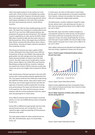 CASHEW HANDBOOK 2014 - GLOBAL PERSPECTIVE, SECTION 1 
CHAPTER 4 
India is the largest producer of raw cashew nut in the 
world, with a share of 29 per cent of global raw cashew 
producti on during 2013. However, the domesti c produc-ti 
on is not enough to meet its processing demand. Hence 
India imports equivalent or even more than its produc-ti 
on from other producing countries, mainly African 
countries. 
RCN import into India has been steadily growing over the 
years. The import has increased at a compounded annual 
rate of 9.71 per cent from 1990 onwards whereas own 
producti on has grown by only 4.45 percent. This indicates 
country’s dependency on other sources for RCN.In 2012, 
RCN import reached its high with the import volume of 
826 thousand tons. Africa is the largest source of RCN to 
India. African countries like Côte d'Ivoire, Benin, Ghana, 
Guinea Bissau, Tanzania etc export maximum quanti ty of 
their producti on to India. 
Côte d'Ivoire has become the major supplier of RCN 
to India. RCN import from Côte d'Ivoire since 1995 has 
increased by 16.56 per cent (CAGR). Fully matured and 
good quality nuts with average prices have att racted 
Indian processors/traders to import more from Côte 
d'Ivoire. The other major source includes Benin, Guinea 
Bissau, Ghana, Nigeria, etc in West Africa and Tanzania, 
Mozambique among East African countries. Indonesia 
also exports fair amount of RCN to India but usually Indo-nesian 
nuts prices are at higher level compared to African 
nuts. 
India started export of kernels way back in the early 19th 
century with a small quanti ty and grew signifi cantly from 
70’s. First exports of kernels from India were made during 
late 1920 from Kollam, Kerala. India used to export more 
than 50 per cent of total supply of kernels. But with the 
expansion of domesti c market coupled with narrowing 
price parity between the export and domesti c earnings 
to the exporters, the share started to become narrow. 
However, with the increase producti on of kernels, export 
were also growing but at a lower phase. 
Since 1990-91 onwards Indian kernel exports increased 
only by a 3.7 per cent (CAGR) whereas value increased by 
8.2 per cent. 
During 1991 to 2000 kernel export growth rate from India 
were prominent at 6 per cent. During 2011-12, India 
reached its high in export by exporti ng 132 thousand tons 
of kernels to the world. 
The major export markets for Indian cashew kernels are 
USA, UAE, the Netherlands, Japan, UK, Saudi Arabia, 
France, etc. 
In recent years, the share of USA import in total Indian 
kernels export is decreasing due to increased competi ti on 
from Vietnam. Vietnam has overtaken the Indian share in 
USA and is enjoying the largest player positi on. 
The Netherlands is another traditi onal market for Indian 
kernels, whose share is also declining over the years. In-dia’s 
share has reduced from 49 per cent in 2001 to 28.7 
per cent in 2013. 
Recently UAE, Japan and other markets emerged as a 
new potenti al markets for Indian kernels. Kernel exports 
from India to UAE have increased by 14.41 per cent, to 
Japan by 5.37 per cent and to Saudi Arabia by 11.12 per 
cent from past 13 years (CAGR). The share of UAE in total 
Indian exports has grown from 3.5 per cent in 2001 to 15 
per cent in 2013. 
Value added cashew kernels (Roasted and Salted) exports 
have also shown a signifi cant increase over the years. 
Fig 4.1: Trend in export of Roasted & Salted cashew 
kernels from India 
Source: Export Import Data Bank of India 
Export of value added kernels have increased by 33 per 
cent in terms of volume and 55 per cent in terms of value 
since 2003-04 to 2013-14. 
Fig 4.2: Major importers of Indian value added cashew 
kernels during 2013-14 
Source: Export Import Data Bank of India 
www.cashewinfo.com 45 
 