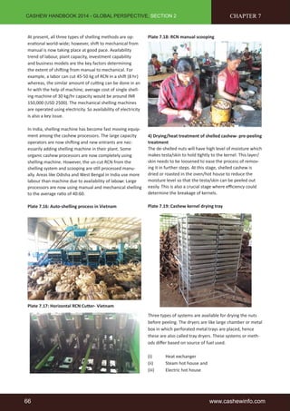 CASHEW HANDBOOK 2014 - GLOBAL PERSPECTIVE, SECTION 2 
At present, all three types of shelling methods are op-erational 
world-wide; however, shift to mechanical from 
manual is now taking place at good pace. Availability 
trend of labour, plant capacity, investment capability 
and business models are the key factors determining 
the extent of shifting from manual to mechanical. For 
example, a labor can cut 45-50 kg of RCN in a shift (8 hr) 
whereas, the similar amount of cutting can be done in an 
hr with the help of machine; average cost of single shell-ing 
machine of 30 kg/hr capacity would be around INR 
150,000 (USD 2500). The mechanical shelling machines 
are operated using electricity. So availability of electricity 
is also a key issue. 
In India, shelling machine has become fast moving equip-ment 
among the cashew processors. The large capacity 
operators are now shifting and new entrants are nec-essarily 
adding shelling machine in their plant. Some 
organic cashew processors are now completely using 
shelling machine. However, the un-cut RCN from the 
shelling system and scooping are still processed manu-ally. 
Areas like Odisha and West Bengal in India use more 
labour than machine due to availability of labour. Large 
processors are now using manual and mechanical shelling 
to the average ratio of 40:60. 
Plate 7.16: Auto-shelling process in Vietnam 
Plate 7.17: Horizontal RCN Cutter- Vietnam 
Plate 7.18: RCN manual scooping 
CHAPTER 7 
4) Drying/heat treatment of shelled cashew- pre-peeling 
treatment 
The de-shelled nuts will have high level of moisture which 
makes testa/skin to hold tightly to the kernel. This layer/ 
skin needs to be loosened to ease the process of remov-ing 
it in further steps. At this stage, shelled cashew is 
dried or roasted in the oven/hot house to reduce the 
moisture level so that the testa/skin can be peeled out 
easily. This is also a crucial stage where efficiency could 
determine the breakage of kernels. 
Plate 7.19: Cashew kernel drying tray 
Three types of systems are available for drying the nuts 
before peeling. The dryers are like large chamber or metal 
box in which perforated metal trays are placed, hence 
these are also called tray dryers. These systems or meth-ods 
differ based on source of fuel used. 
(i) Heat exchanger 
(ii) Steam hot house and 
(iii) Electric hot house 
66 www.cashewinfo.com 
 