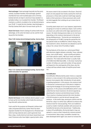 CASHEW HANDBOOK 2014 - GLOBAL PERSPECTIVE, SECTION 2 
CHAPTER 7 
Heat exchanger: Heat exchanger basically has five parts 
namely, insulated chamber, heat exchanger, ignition 
chamber/furnace and insulated pipes and a chimney. 
Cashew kernels are kept in aluminum trays stacked in a 
portable trolley in an insulated hot chamber. The Blower 
maintains a uniform circulation of air at desired tempera-ture 
75-85 ° C inside the hot chamber. Heat Exchanger is 
fired by Cashew Shell cake in furnace heats up the air. 
Steam hot house: Steam cooking of cashew shells has an 
advantage, as the same hot steam can be used for heat-ing 
up the hot chamber. 
Plate 7.20: Cashew kernel drying/roasting –borma dryer 
Plate 7.21: Cashew kernel drying/roasting –borma dryer 
(with instruction for operator) 
Electric hot house: In this method, electric power is used 
to heat up the hot chamber which holds the aluminum 
trays fed with cashew kernels. 
Fuels used for the purpose are firewood, cashew shell 
cakes and power/electricity. Earlier there has been 
separate chamber for the drying kernel as firewood and 
other burning materials were used to generate heat. 
Now a days, mostly electrical and steam based dryers are 
used. Processors who have higher capacity boiler utilize 
the excess steam to be circulated in the dryers. Electrical 
dryers are also popular but mostly used by the small size 
processors or those who could not install large capacity 
boiler at their premises or those processors who could 
not alter/upgrade their existing set-up to steam due to 
various reasons. 
Currently, batch dryers are in use; however, experiments 
are going on to move to continuous dryers. Such continu-ous 
dryers are useful only to the large capacity/size pro-cessors. 
Per batch drying process takes six to nine hours, 
depending on the moisture level present in the kernel 
during shelling process. The kernels are maintained at 
the temperature of 75-80°C; during this period the trol-leys 
placed inside are shuffled for uniform drying. Once, 
hot treatment is done, the kernels are allowed to cool for 
a day or for a lesser time if humidity is higher. 
The key features of the dryer are: control panel fitted 
with electronic digital indicator controller, Timer, indicator 
lamps, main on/off switch, motor on/off push buttons 
and mode selector switch, HRC fuses motor and heater 
contactors. The inside wall of the dryer is usually made 
of 18 SWG thick Mild Steel (MS). In the dryer mainly four 
number of trolleys are used and number of trays placed 
will depend on the size/capacity of the dryer, also the 
trolleys will have wheels made of heat/fire proof mate-rial. 
Humidification 
Humidification (Moisturized by water-mist) as a separate 
process is a new concept in the cashew processing. It has 
become more popular after introduction of auto peeler 
or peeling equipment. In this process, the moisture level 
in the kernel is enhanced up to 5-6% which is helpful in 
reducing the breakage of nuts during mechanical peel-ing 
process. In this process (Humidification) which is also 
called thermal shock treatment, the kernel expands by 
absorbing the moisture and skin/testa loosen further. 
There may be re-heating treatment (for short duration 
of 20-30 minutes) in case the kernels have got more 
moisture. In the earlier days, processors used to cool the 
kernel for a day or so which was sufficient to enhance the 
moisture level for manual peeling. There are traditional 
as well as modern methods available with processors to 
humidify the kernels at the desired level. Traditionally, 
in place of humidification, the kernels kept in trays are 
spread in a room so that it absorb the moisture present 
in environment. Now-a-days, humidifier chamber has 
been developed which again uses steam to increase the 
www.cashewinfo.com 67 
 