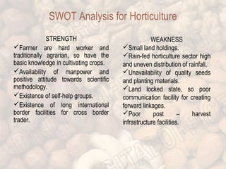 SWOT Analysis for Horticulture 
STRENGTH 
Farmer are hard worker and 
traditionally agrarian, so have the 
basic knowledge in cultivating crops. 
Availability of manpower and 
positive attitude towards scientific 
methodology. 
Existence of self-help groups. 
Existence of long international 
border facilities for cross border 
trader. 
WEAKNESS 
Small land holdings. 
Rain-fed horticulture sector high 
and uneven distribution of rainfall. 
Unavailability of quality seeds 
and planting materials. 
Land locked state, so poor 
communication facility for creating 
forward linkages. 
Poor post – harvest 
infrastructure facilities. 
 