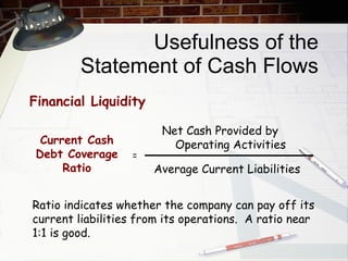 Usefulness of the Statement of Cash Flows Ratio indicates whether the company can pay off its current liabilities from its operations.  A ratio near 1:1 is good. Financial Liquidity Net Cash Provided by  Operating Activities Average Current Liabilities  Current Cash Debt Coverage Ratio = 