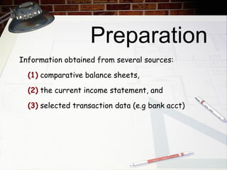 Preparation Information obtained from several sources:  (1)  comparative balance sheets,  (2)  the current income statement, and  (3)  selected transaction data (e.g bank acct) 