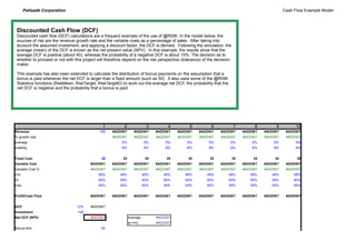 Palisade Corporation                                                                                                                         Cash Flow Example Model



 Discounted Cash Flow (DCF)
 Discounted cash flow (DCF) calculations are a frequent example of the use of @RISK. In the model below, the
 sources of risk are the revenue growth rate and the variable costs as a percentage of sales. After taking into
 account the assumed investment, and applying a discount factor, the DCF is derived. Following the simulation, the
 average (mean) of the DCF is known as the net present value (NPV). In this example, the results show that the
 average DCF is positive (about 40), whereas the probability of a negative DCF is about 15%. The decision as to
 whether to proceed or not with this project will therefore depend on the risk perspective (tolerance) of the decision-
 maker.

 This example has also been extended to calculate the distribution of bonus payments on the assumption that a
 bonus is paid whenever the net DCF is larger than a fixed amount (such as 50). It also uses some of the @RISK
 Statistics functions (RiskMean, RiskTarget, RiskTargetD) to work out the average net DCF, the probability that the
 net DCF is negative and the probability that a bonus is paid.




                                                1           2              3         4          5           6             7         8         9         10
Revenue                                       100    #ADDIN?       #ADDIN?      #ADDIN?   #ADDIN?    #ADDIN?     #ADDIN?       #ADDIN?   #ADDIN?    #ADDIN?
% growth rate                                        #ADDIN?       #ADDIN?      #ADDIN?   #ADDIN?    #ADDIN?     #ADDIN?       #ADDIN?   #ADDIN?    #ADDIN?
average                                                   5%              5%        5%        5%          5%          5%           5%        5%         5%
volatility                                                8%              8%        8%        8%          8%          8%           8%        8%         8%


Fixed Cost                                     35          35              35        35        35          35             35        35        35         35
Variable Cost                            #ADDIN?     #ADDIN?       #ADDIN?      #ADDIN?   #ADDIN?    #ADDIN?     #ADDIN?       #ADDIN?   #ADDIN?    #ADDIN?
Variable Cost %                          #ADDIN?     #ADDIN?       #ADDIN?      #ADDIN?   #ADDIN?    #ADDIN?     #ADDIN?       #ADDIN?   #ADDIN?    #ADDIN?
min                                          48%         48%              48%      48%       48%         48%          48%         48%       48%         48%
ml                                           50%         50%              50%      50%       50%         50%          50%         50%       50%         50%
max                                          54%         54%              54%      54%       54%         54%          54%         54%       54%         54%


Profit/Cash Flow                         #ADDIN?     #ADDIN?       #ADDIN?      #ADDIN?   #ADDIN?    #ADDIN?     #ADDIN?       #ADDIN?   #ADDIN?    #ADDIN?


DCF                              12%     #ADDIN?
Investment                        100
Net DCF (NPV)                            #ADDIN?                Average         #ADDIN?
                                                                p(<=0)          #ADDIN?
Bonus limit                                    50
 