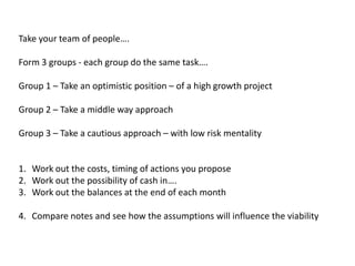 Take your team of people.

Form 3 groups - each group do the same task.

Group 1 C Take an optimistic position C of a high growth project

Group 2 C Take a middle way approach

Group 3 C Take a cautious approach C with low risk mentality


1. Work out the costs, timing of actions you propose
2. Work out the possibility of cash in.
3. Work out the balances at the end of each month

4. Compare notes and see how the assumptions will influence the viability
 