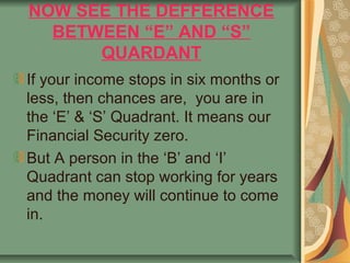 NOW SEE THE DEFFERENCE
  BETWEEN “E” AND “S”
      QUARDANT
If your income stops in six months or
less, then chances are, you are in
the ‘E’ & ‘S’ Quadrant. It means our
Financial Security zero.
But A person in the ‘B’ and ‘I’
Quadrant can stop working for years
and the money will continue to come
in.
 