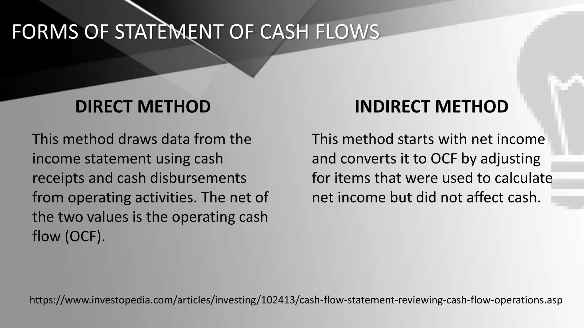 FORMS OF STATEMENT OF CASH FLOWS
This method draws data from the
income statement using cash
receipts and cash disbursements
from operating activities. The net of
the two values is the operating cash
flow (OCF).
DIRECT METHOD INDIRECT METHOD
https://www.investopedia.com/articles/investing/102413/cash-flow-statement-reviewing-cash-flow-operations.asp
This method starts with net income
and converts it to OCF by adjusting
for items that were used to calculate
net income but did not affect cash.
 