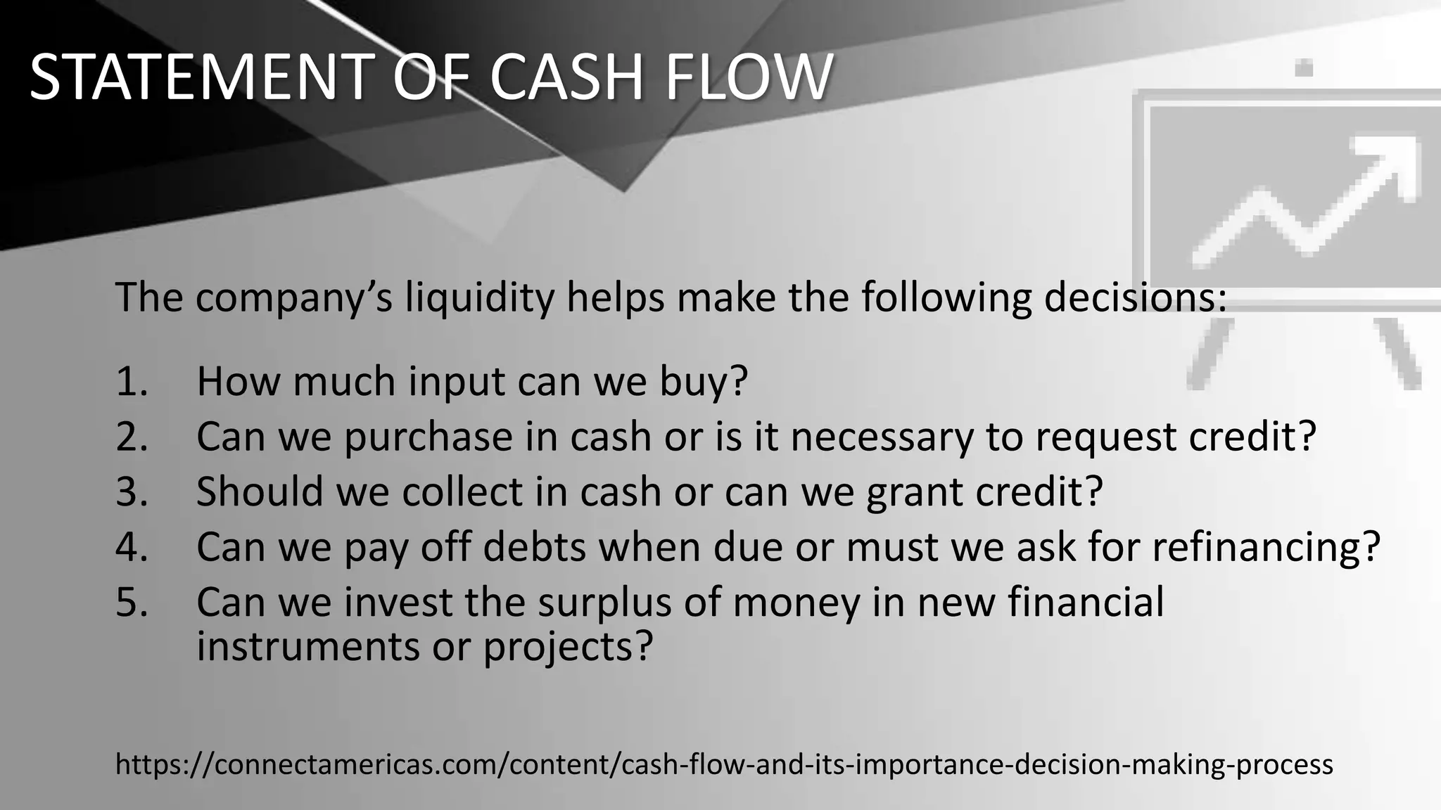 STATEMENT OF CASH FLOW
The company’s liquidity helps make the following decisions:
1. How much input can we buy?
2. Can we purchase in cash or is it necessary to request credit?
3. Should we collect in cash or can we grant credit?
4. Can we pay off debts when due or must we ask for refinancing?
5. Can we invest the surplus of money in new financial
instruments or projects?
https://connectamericas.com/content/cash-flow-and-its-importance-decision-making-process
 