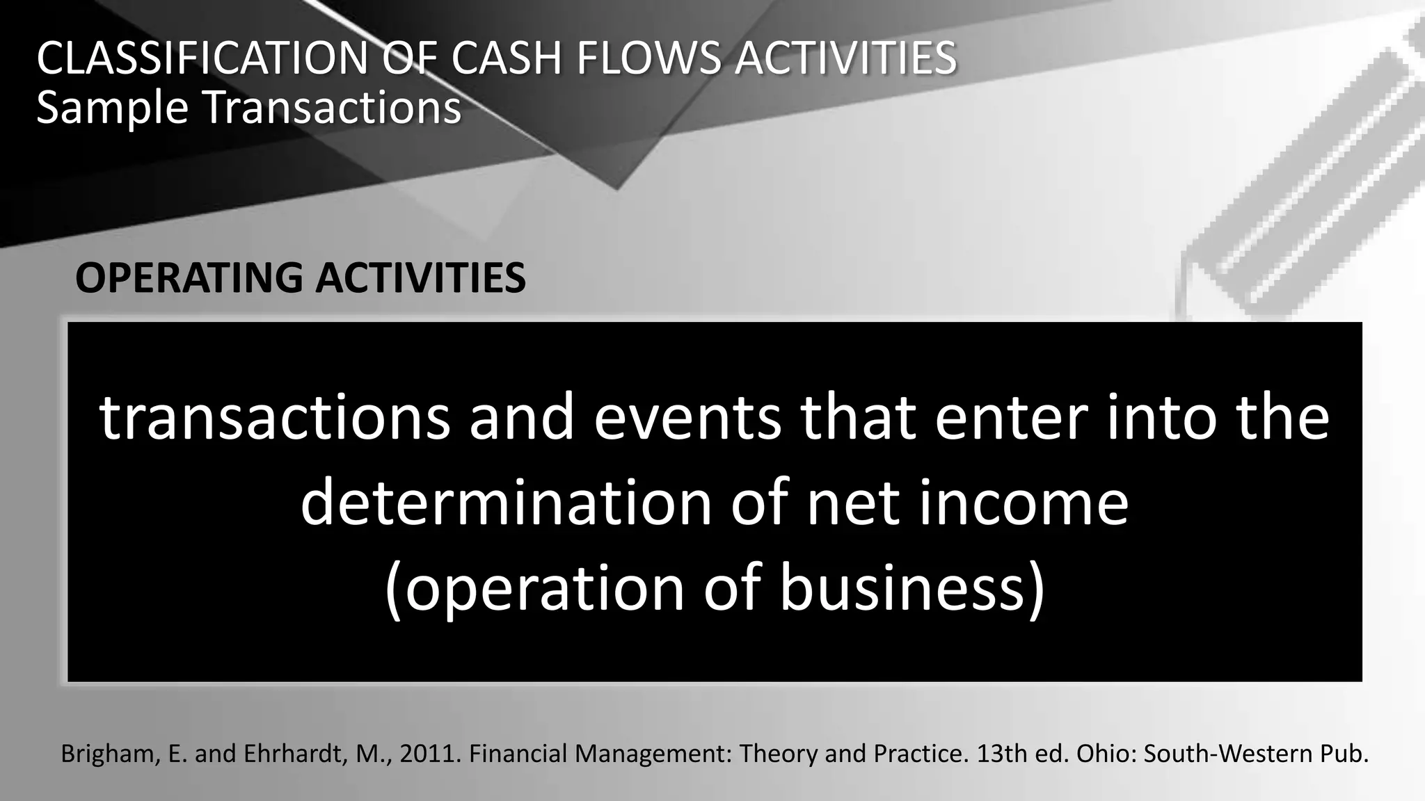 Cash inflows:
• From sale of goods or services
• From interest received and
dividends received
OPERATING ACTIVITIES
CLASSIFICATION OF CASH FLOWS ACTIVITIES
Sample Transactions
Cash outflows:
• To suppliers for inventory
• To employees for wages
• To government for taxes
• To lenders for interest
• To others for expenses
Brigham, E. and Ehrhardt, M., 2011. Financial Management: Theory and Practice. 13th ed. Ohio: South-Western Pub.
transactions and events that enter into the
determination of net income
(operation of business)
 