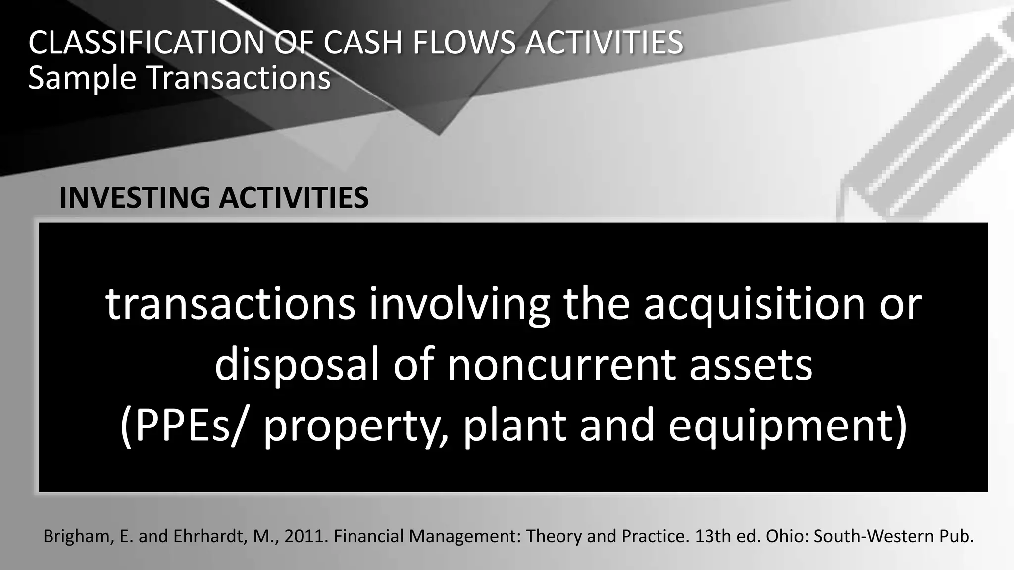 Cash inflows:
• From sale of property, plant,
and equipment
• From sale of investments in
debt or equity securities of
• From collection of principal
on loans to other entities
INVESTING ACTIVITIES
CLASSIFICATION OF CASH FLOWS ACTIVITIES
Sample Transactions
Cash outflows:
• To purchase property, plant, and
equipment
• To purchase investments in debt
or equity securities of
• To make loans to other entities
Brigham, E. and Ehrhardt, M., 2011. Financial Management: Theory and Practice. 13th ed. Ohio: South-Western Pub.
transactions involving the acquisition or
disposal of noncurrent assets
(PPEs/ property, plant and equipment)
 