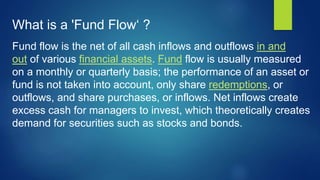 What is a 'Fund Flow‘ ?
Fund flow is the net of all cash inflows and outflows in and
out of various financial assets. Fund flow is usually measured
on a monthly or quarterly basis; the performance of an asset or
fund is not taken into account, only share redemptions, or
outflows, and share purchases, or inflows. Net inflows create
excess cash for managers to invest, which theoretically creates
demand for securities such as stocks and bonds.
 