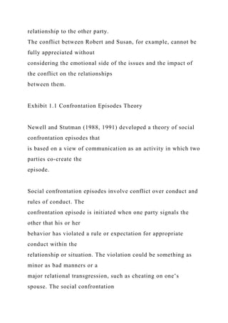 relationship to the other party.
The conflict between Robert and Susan, for example, cannot be
fully appreciated without
considering the emotional side of the issues and the impact of
the conflict on the relationships
between them.
Exhibit 1.1 Confrontation Episodes Theory
Newell and Stutman (1988, 1991) developed a theory of social
confrontation episodes that
is based on a view of communication as an activity in which two
parties co-create the
episode.
Social confrontation episodes involve conflict over conduct and
rules of conduct. The
confrontation episode is initiated when one party signals the
other that his or her
behavior has violated a rule or expectation for appropriate
conduct within the
relationship or situation. The violation could be something as
minor as bad manners or a
major relational transgression, such as cheating on one’s
spouse. The social confrontation
 