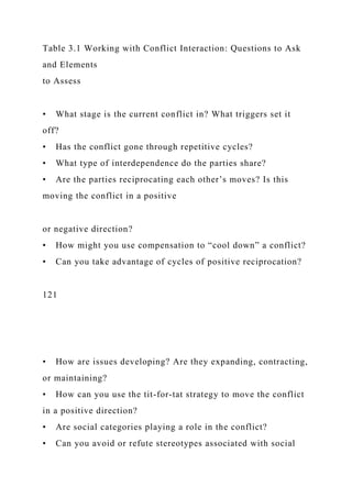 Table 3.1 Working with Conflict Interaction: Questions to Ask
and Elements
to Assess
• What stage is the current conflict in? What triggers set it
off?
• Has the conflict gone through repetitive cycles?
• What type of interdependence do the parties share?
• Are the parties reciprocating each other’s moves? Is this
moving the conflict in a positive
or negative direction?
• How might you use compensation to “cool down” a conflict?
• Can you take advantage of cycles of positive reciprocation?
121
• How are issues developing? Are they expanding, contracting,
or maintaining?
• How can you use the tit-for-tat strategy to move the conflict
in a positive direction?
• Are social categories playing a role in the conflict?
• Can you avoid or refute stereotypes associated with social
 