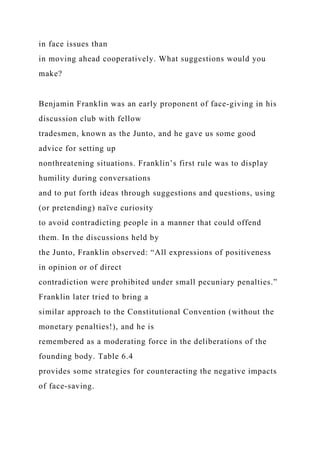 in face issues than
in moving ahead cooperatively. What suggestions would you
make?
Benjamin Franklin was an early proponent of face-giving in his
discussion club with fellow
tradesmen, known as the Junto, and he gave us some good
advice for setting up
nonthreatening situations. Franklin’s first rule was to display
humility during conversations
and to put forth ideas through suggestions and questions, using
(or pretending) naïve curiosity
to avoid contradicting people in a manner that could offend
them. In the discussions held by
the Junto, Franklin observed: “All expressions of positiveness
in opinion or of direct
contradiction were prohibited under small pecuniary penalties.”
Franklin later tried to bring a
similar approach to the Constitutional Convention (without the
monetary penalties!), and he is
remembered as a moderating force in the deliberations of the
founding body. Table 6.4
provides some strategies for counteracting the negative impacts
of face-saving.
 