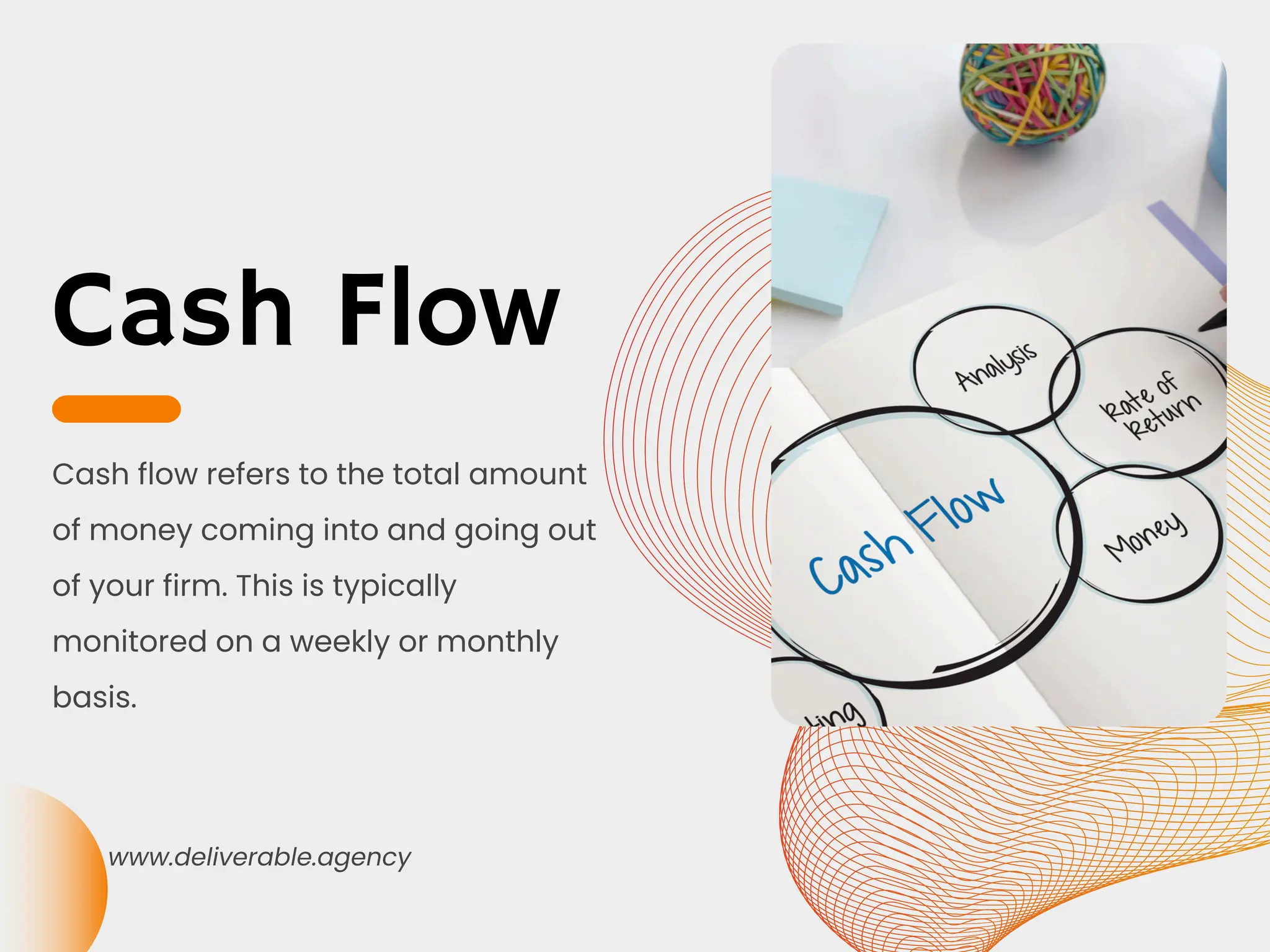 Cash Flow
Cash flow refers to the total amount
of money coming into and going out
of your firm. This is typically
monitored on a weekly or monthly
basis.
www.deliverable.agency