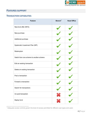 FEATURES SUPPORT
TRANSACTION CAPABILITIES
                                      Feature                             Branch1          Head Office


              New fund offer (NFO)


              New purchase


              Additional purchase


              Systematic Investment Plan (SIP)


              Redemption


              Switch from one scheme to another scheme


              Edit an existing transaction


              Delete an existing transaction


              Post a transaction


              Forward a transaction


              Search for transactions


              Un-post transaction


              Deploy fund



1
    Adequate access controls govern the level of access permitted for different user types and users

                                                                                                         4|Page
 