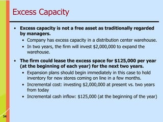 34
• Excess capacity is not a free asset as traditionally regarded
by managers.
• Company has excess capacity in a distribution center warehouse.
• In two years, the firm will invest $2,000,000 to expand the
warehouse.
• The firm could lease the excess space for $125,000 per year
(at the beginning of each year) for the next two years.
• Expansion plans should begin immediately in this case to hold
inventory for new stores coming on line in a few months.
• Incremental cost: investing $2,000,000 at present vs. two years
from today
• Incremental cash inflow: $125,000 (at the beginning of the year)
Excess Capacity
 