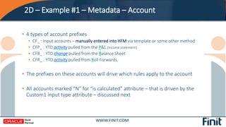 2D – Example #1 – Metadata – Account
• 4 types of account prefixes
• CF_ : Input accounts – manually entered into HFM via ...