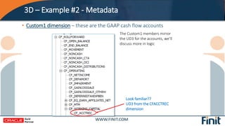 3D – Example #2 - Metadata
• Custom1 dimension – these are the GAAP cash flow accounts
Look familiar??
UD3 from the CFACCT...