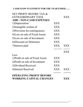CASH FLOW STATEMENT FOR THE YEAR ENDED……

NET PROFIT BEFORE TAX &
EXTRAORDINARY ITEM.                          XXX
ADD : NON-CASH EXPENSES
1)Depreciation                     XXX
2)Intangible written of            XXX
3)Provision for contingencies      XXX
4)Loss on sale of Fixed Assets     XXX
5)Loss on sale of Investment       XXX
6)Discount on Debenture            XXX
7)Interest paid                    XXX XXX
                                   --------- -------
                                             XXX
Less
1)Profit on sale of Fixed Assets   XXX
2)Profit on sale of Investment     XXX
3)Dividend Received                XXX
4)Interest Received                XXX XXX
                                   -------- --------
OPERATING PROFIT BEFORE
WORKING CAPITAL CHANGES                      XXX




                                                  :1:
 