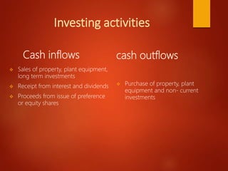 Investing activities
Cash inflows
 Sales of property, plant equipment,
long term investments
 Receipt from interest and dividends
 Proceeds from issue of preference
or equity shares
cash outflows
 Purchase of property, plant
equipment and non- current
investments
 