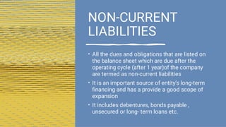 NON-CURRENT
LIABILITIES
•
•
•
All the dues and obligations that are listed on
the balance sheet which are due after the
operating cycle (after 1 year)of the company
are termed as non-current liabilities
It is an important source of entity’s long-term
ﬁnancing and has a provide a good scope of
expansion
It includes debentures, bonds payable ,
unsecured or long- term loans etc.
 