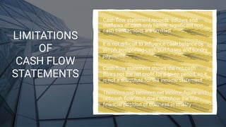 LIMITATIONS
OF
CASH FLOW
STATEMENTS
Cash ﬂow statement records inﬂows and
outﬂows of cash only hence, signiﬁcant non-
cash transactions are omitted
It is not diﬃcult to inﬂuence cash balance by
simply postponing cash purchases and sundry
payments
Cash ﬂow statement shows the net cash
ﬂows not the net proﬁt for a given period, so it
is not a substitute for the income statement
There is a gap between net income ﬁgure and
net cash ﬂow ,so it does not show the true
ﬁnancial position of business in totality
 