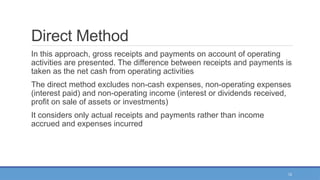 12
Direct Method
In this approach, gross receipts and payments on account of operating
activities are presented. The difference between receipts and payments is
taken as the net cash from operating activities
The direct method excludes non-cash expenses, non-operating expenses
(interest paid) and non-operating income (interest or dividends received,
profit on sale of assets or investments)
It considers only actual receipts and payments rather than income
accrued and expenses incurred
 