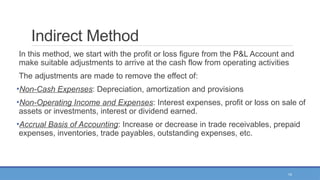 14
Indirect Method
In this method, we start with the profit or loss figure from the P&L Account and
make suitable adjustments to arrive at the cash flow from operating activities
The adjustments are made to remove the effect of:
•Non-Cash Expenses: Depreciation, amortization and provisions
•Non-Operating Income and Expenses: Interest expenses, profit or loss on sale of
assets or investments, interest or dividend earned.
•Accrual Basis of Accounting: Increase or decrease in trade receivables, prepaid
expenses, inventories, trade payables, outstanding expenses, etc.
 