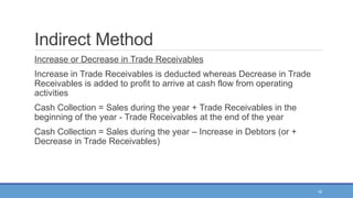16
Indirect Method
Increase or Decrease in Trade Receivables
Increase in Trade Receivables is deducted whereas Decrease in Trade
Receivables is added to profit to arrive at cash flow from operating
activities
Cash Collection = Sales during the year + Trade Receivables in the
beginning of the year - Trade Receivables at the end of the year
Cash Collection = Sales during the year – Increase in Debtors (or +
Decrease in Trade Receivables)
 