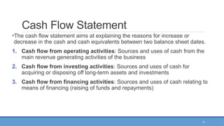 8
Cash Flow Statement
•The cash flow statement aims at explaining the reasons for increase or
decrease in the cash and cash equivalents between two balance sheet dates.
1. Cash flow from operating activities: Sources and uses of cash from the
main revenue generating activities of the business
2. Cash flow from investing activities: Sources and uses of cash for
acquiring or disposing off long-term assets and investments
3. Cash flow from financing activities: Sources and uses of cash relating to
means of financing (raising of funds and repayments)
 