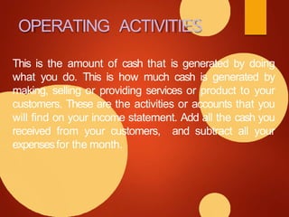 OPERATING ACTIVITIES
This is the amount of cash that is generated by doing
what you do. This is how much cash is generated by
making, selling or providing services or product to your
customers. These are the activities or accounts that you
will find on your income statement. Add all the cash you
received from your customers, and subtract all your
expensesfor the month.
 