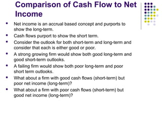 Comparison of Cash Flow to Net
Income
 Net income is an accrual based concept and purports to
show the long-term.
 Cash flows purport to show the short term.
 Consider the outlook for both short-term and long-term and
consider that each is either good or poor.
 A strong growing firm would show both good long-term and
good short-term outlooks.
 A failing firm would show both poor long-term and poor
short term outlooks.
 What about a firm with good cash flows (short-term) but
poor net income (long-term)?
 What about a firm with poor cash flows (short-term) but
good net income (long-term)?
 