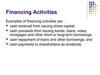 Financing Activities
Examples of financing activities are :
 cash received from issuing share capital;
 cash proceeds from issuing bonds, loans, notes,
mortgages and other short or long-term borrowings;
 cash repayment of loans and other borrowings; and
 cash payments to shareholders as dividends.
 
