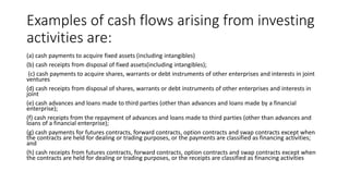 Examples of cash flows arising from investing
activities are:
(a) cash payments to acquire fixed assets (including intangi...