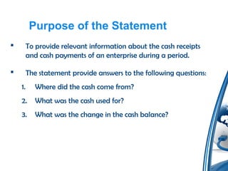 Purpose of the Statement
 To provide relevant information about the cash receipts
and cash payments of an enterprise during a period.
 The statement provide answers to the following questions:
1. Where did the cash come from?
2. What was the cash used for?
3. What was the change in the cash balance?
 
