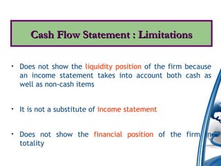 • Does not show the liquidity position of the firm because
an income statement takes into account both cash as
well as non-cash items
• It is not a substitute of income statement
• Does not show the financial position of the firm in
totality
Cash Flow Statement : LimitationsCash Flow Statement : Limitations
 
