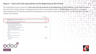 Step 8 — Cash and Cash Equivalents at the Beginning of the Period
The highlighted section shows the Cash and Cash Equivalents at the Beginning of the Period the total available cash at
the start of the chosen period, including bank and cash account balances (here 101401 Bank, -850.00). It's calculated
automatically from the previous period's ending balances and serves as the starting point for tracking the period's cash
inflows and outflows.
Enterprise
 