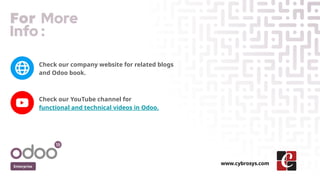 Enterprise
www.cybrosys.com
Check our company website for related blogs
and Odoo book.
Check our YouTube channel for
functional and technical videos in Odoo.
 