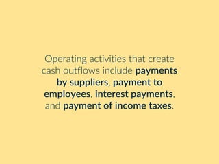 Operating activities that create
cash outflows include payments
by suppliers, payment to
employees, interest payments,
and payment of income taxes.
 