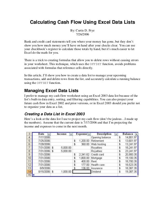 cash flow using excel cash flow register