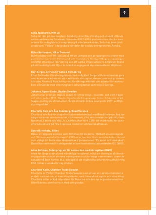 9



Sofia Appelgren, Mitt Liv
Sofia har läst på Journalisten i Göteborg, drivit flera företag och utsedd till årets
opinions­ ildare av Företagarförbundet 2007. 2008 grundade hon Mitt Liv som
         b
arbetar för mångfald och integration på arbetsmarknaden. Sofia har även blivit
utvald som “Fellow” i det globala nätverket för sociala entreprenörer, Ashoka.

Björn Mattiasson, HR on Demand
Björn arbetar som HR-konsult på HR On Demand och är rådgivare till chefer med
personalansvar inom främst små och medelstora företag. Många av uppdragen
omfattar strategisk rekrytering och att stärka organisationers Employer Brand
på ett trovärdigt sätt. Björn är också en engagerad styrelsemedlem i Miljöbron.

Karl Sergel, Altruism Finans & Försäkring
Efter 9 månader i försäkringsbranschen insåg Karl Sergel att branschen kan göra
mer än att bara arbeta för ett traditionellt vinstsyfte. Han var med och grundade
Altruism Finans & Försäkring – ett försäkringsmäkleri som arbetar för männis-
kors välmående med inriktning barn och ungdomar samt miljö i Sverige.

Johanna Jigmo-Linde, Staples Sweden
Johanna har arbetat i Staples sedan 2010 med miljö-, kvalitets- och CSR-frågor
och sitter sedan 2011 i Staples Swedens ledningsgrupp. Under Johannas tid på
Staples mottog de utmärkelsen ”Årets Utmärkt Gröna Leverantör 2011” av Miljö-
styrningsrådet.

Charlotta Oom och Åsa Mossberg, Beadifference
Charlotta och Åsa har skapat ett spännande koncept med Beadifference. Åsa har
tidigare arbetat som finanschef, CSR-konsult, CFO samt analyschef på UBS, P&G,
Netonnet, Lernia och Mitt Liv. Charlotta har varit CSR- och marknadschef samt
affärsutvecklare på TV4, Exponova, Collector och Svenska Mässan.

Daniel Steinholz, Allies
Daniel är rådgivare på Allies samt författare till böckerna ”Hållbart ansvarstagande”
och ”Det ansvarsfulla företaget”. 2003 skrev han den första svenska boken i ämnet
som utsågs till årets ledarskapsbok av organisationen ”Personal och ledarskap”.
Daniel har varit med i framtagandet av den internationella standarden ISO 26000.

Anne Kullman, Sidas program för samverkan med näringslivet (B4D)
Anne har länge arbetat med mänskliga rättigheter, miljö och lösningar på utveck-
lingsproblem utifrån svenska myndigheters och företags erfarenheter. Under de
senaste två åren har hon bl.a. bidragit till ett organiserat erfarenhetsutbyte kring
CSR mellan svenska företag i Indien.

Charlotte Kalin, Chamber Trade Sweden
Charlotte är VD för Chamber Trade Sweden som driver en rad internationella
projekt med partners i utvecklingsländer med fokus på näringsliv och utveckling.
Charlotte sitter också i styrelsen för Myrorna och den nya organisationen Hus
Utan Gränser, som hon varit med och grundat.
 